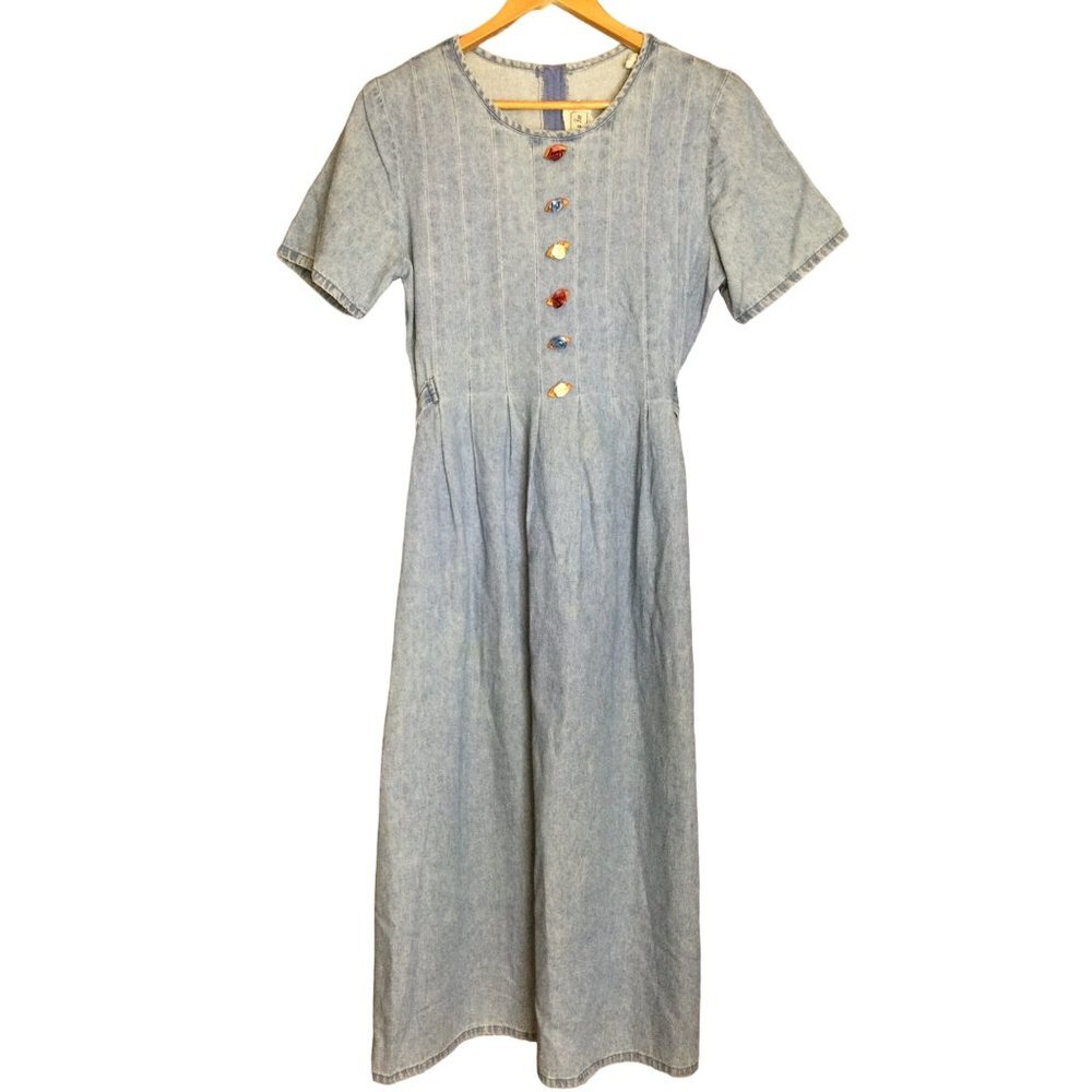 Vintage Embellished Denim Dress Long Midi Blue Size 10 Coastal Grandma Modest
